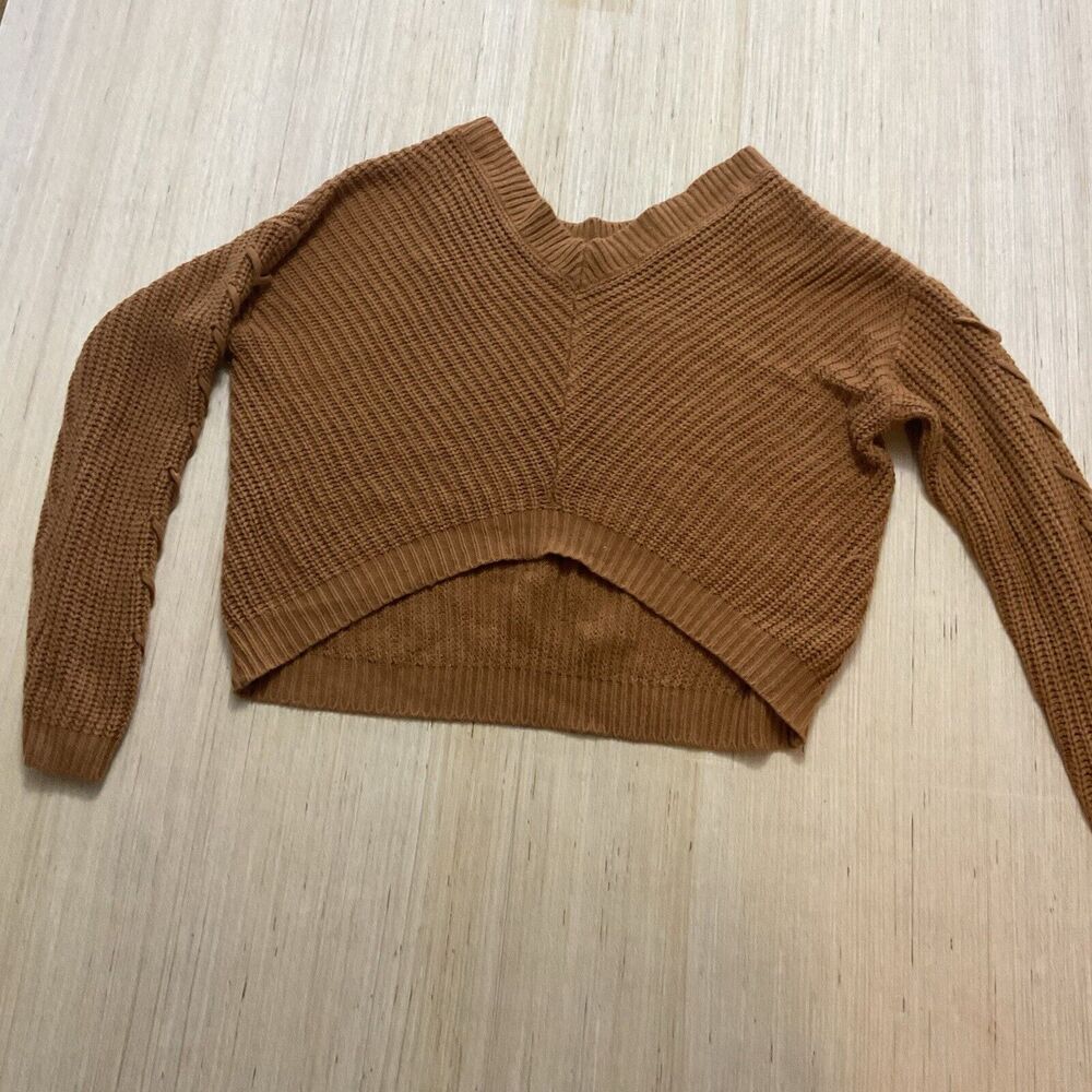 Full Circle Trends Long Sleeve Knit Sweater Crop Top Womens Burnt Orange  Large
